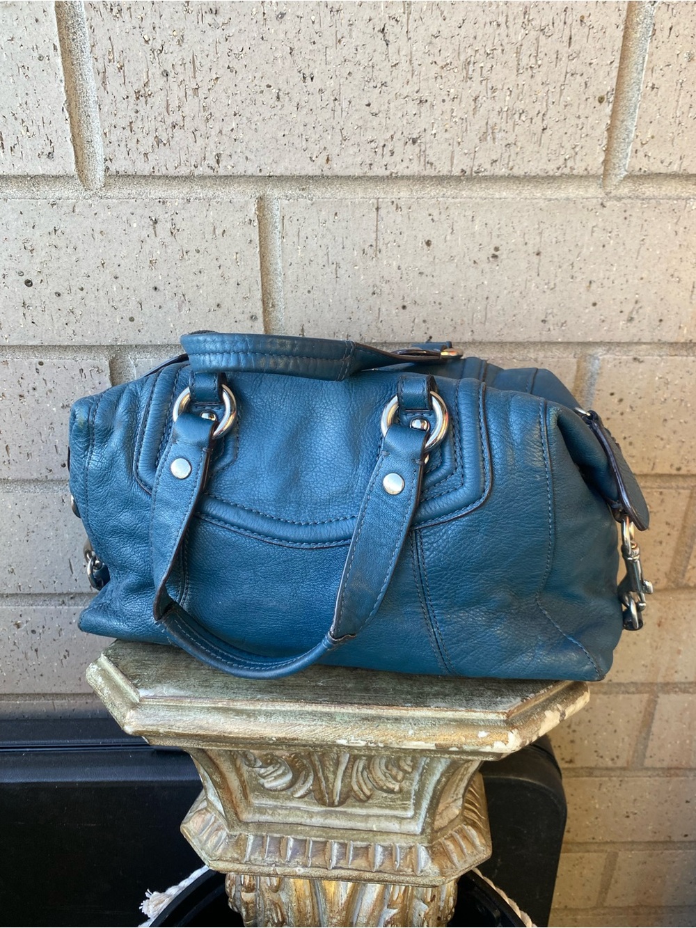 Coach Teal Leather Bowling Satchel with Top Handles - Picture 3 of 7